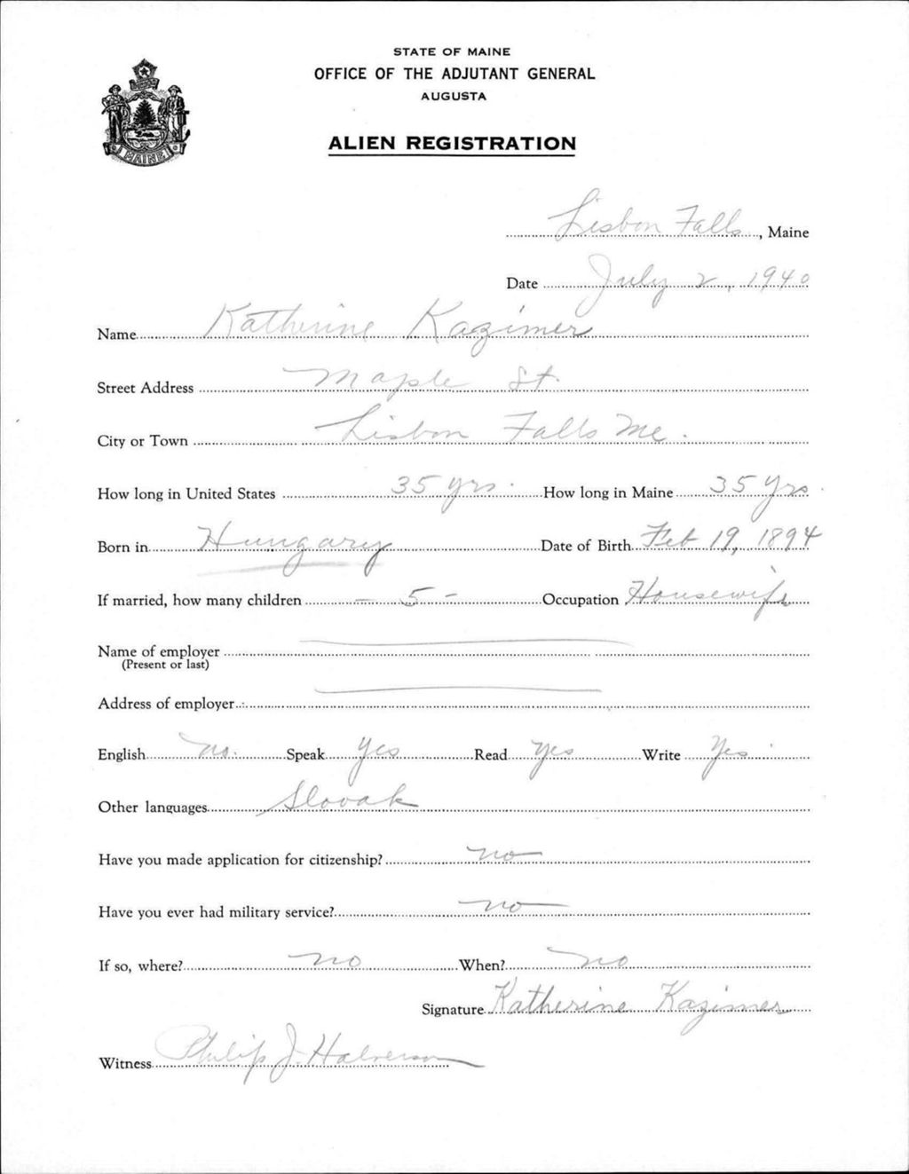 Miniature of Alien Registration- Kazimer, Katherine (Lewiston, Androscoggin County)