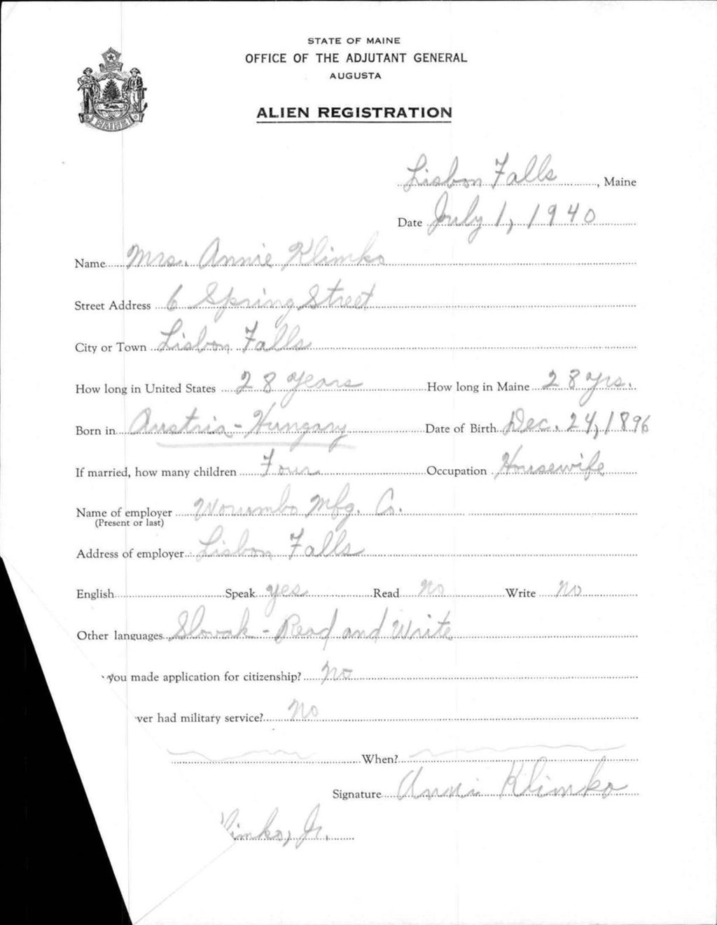 Miniature of Alien Registration- Klimko, Annie (Lewiston, Androscoggin County)