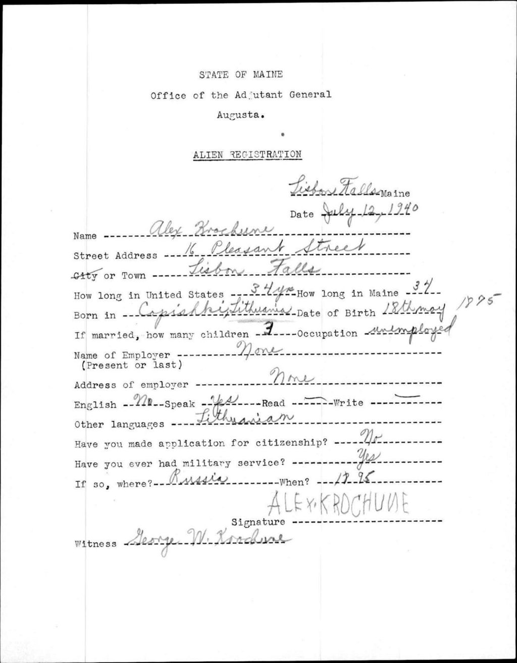 Miniature of Alien Registration- Krochune, Alex (Lewiston, Androscoggin County)