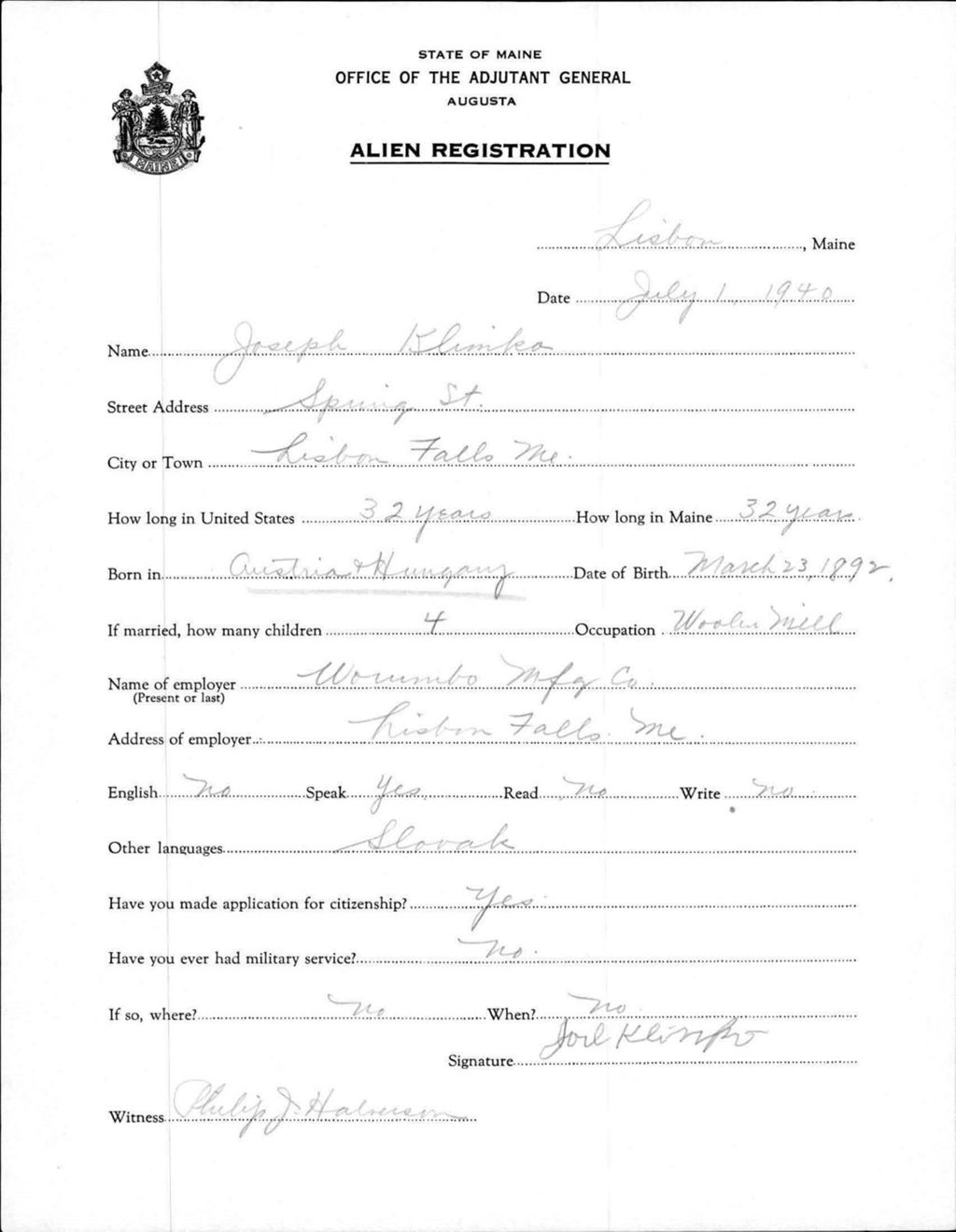 Miniature of Alien Registration- Klimko, Joseph (Lewiston, Androscoggin County)