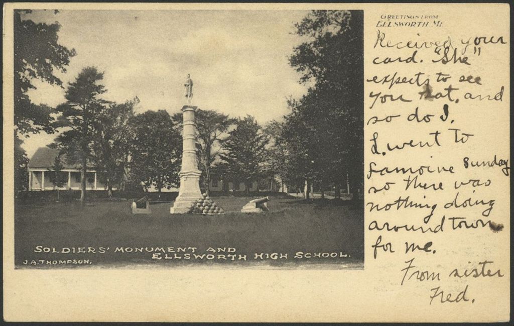 Miniature of Soldiers' Monument and Ellsworth High School, Ellsworth, ME