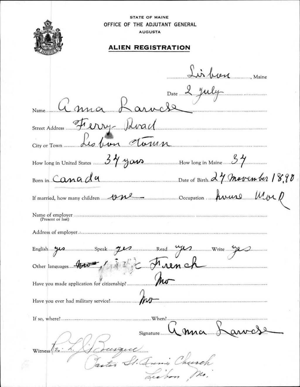 Miniature of Alien Registration- Laroche, Anna (Lewiston, Androscoggin County)