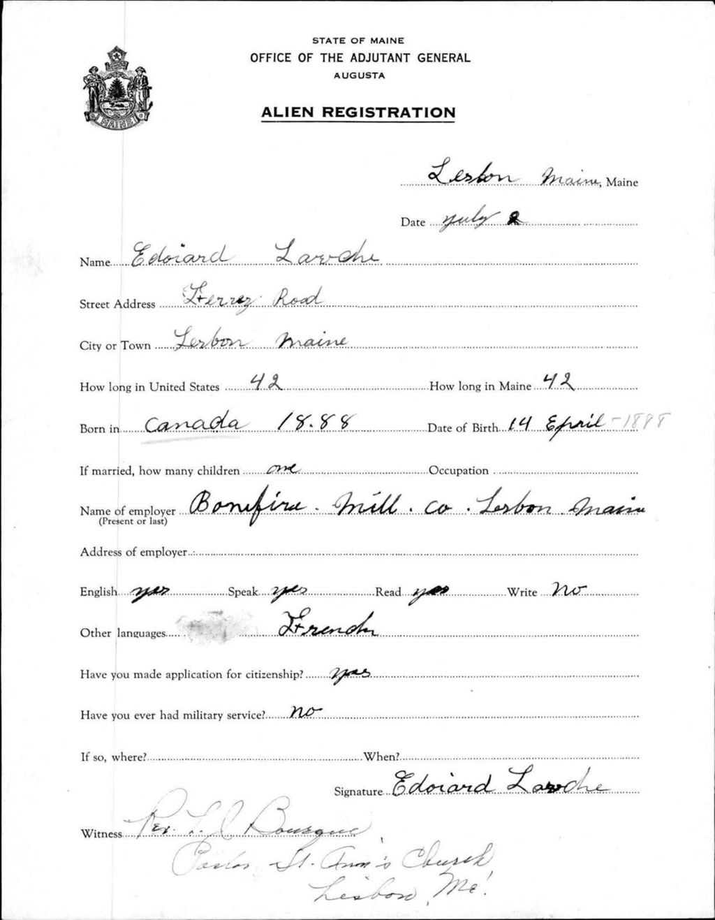 Miniature of Alien Registration- Larche, Edoiard (Lewiston, Androscoggin County)