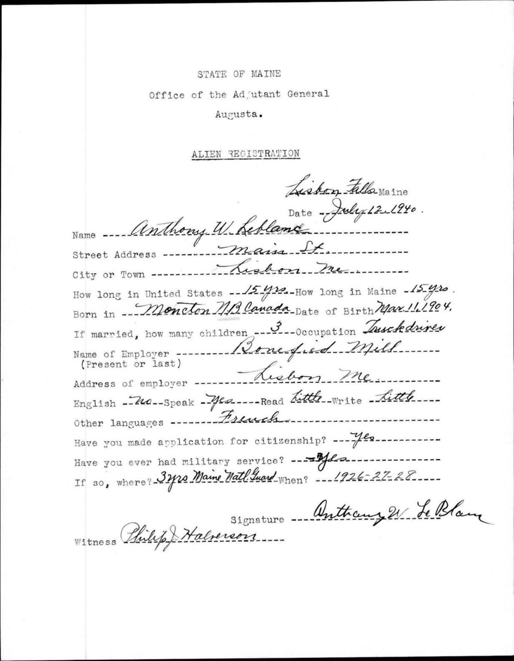 Miniature of Alien Registration- Leblanc, Anthony W. (Lewiston, Androscoggin County)