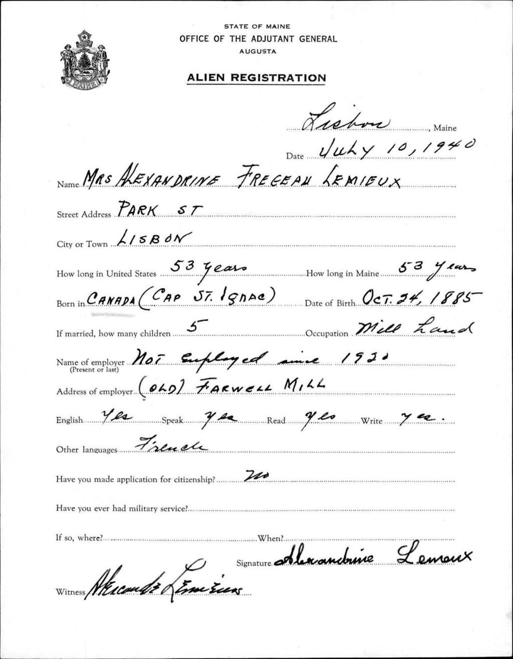 Miniature of Alien Registration- Freceau, Alexandrine (Lewiston, Androscoggin County)