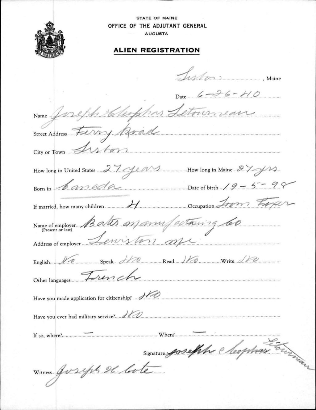 Miniature of Alien Registration- Letourneau, Joseph C. (Lewiston, Androscoggin County)