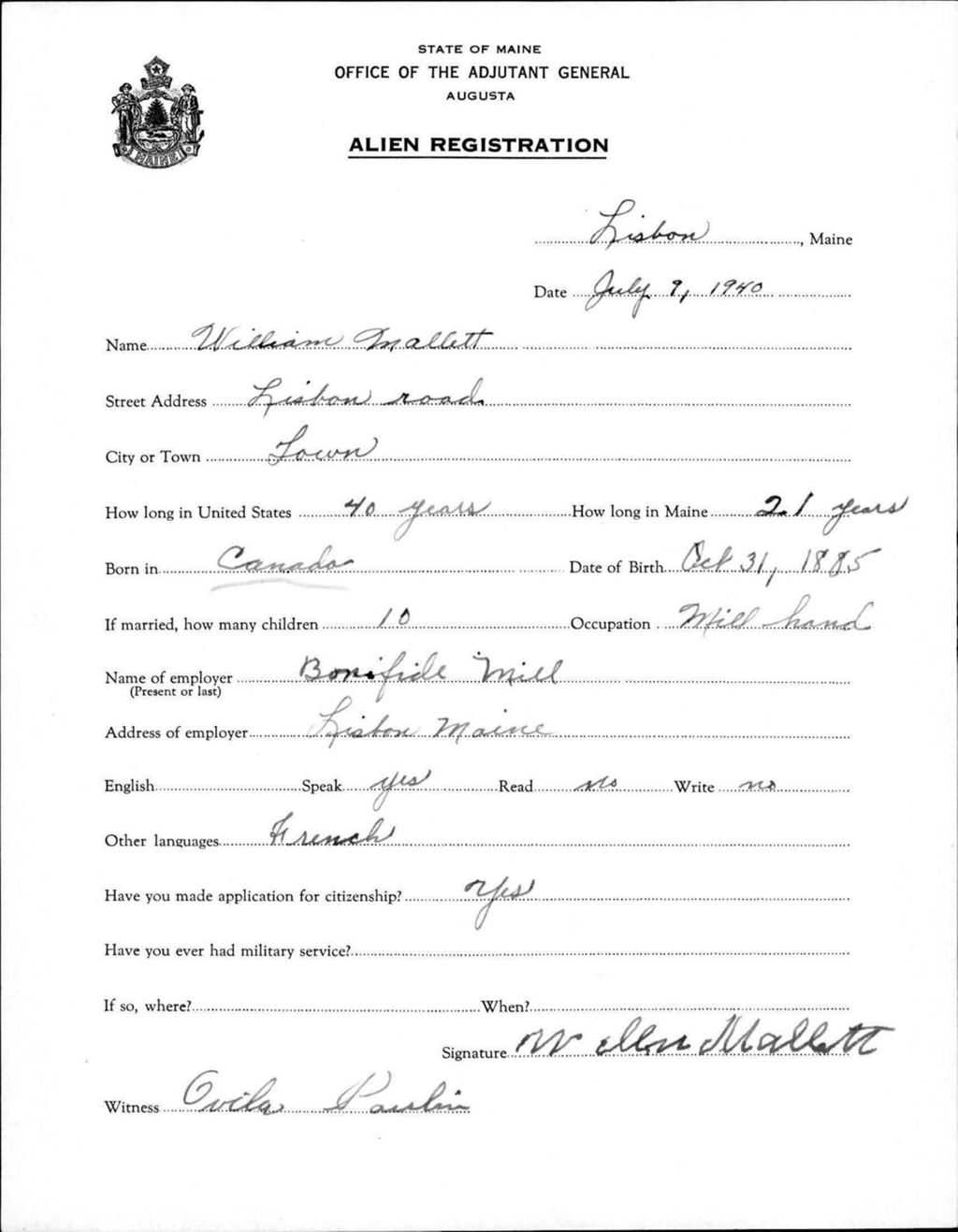Miniature of Alien Registration- Mallett, William (Lewiston, Androscoggin County)