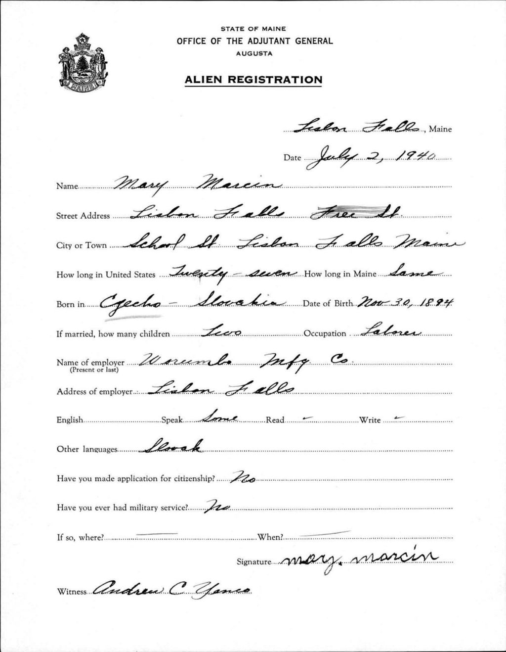 Miniature of Alien Registration- Marcin, Mary (Lewiston, Androscoggin County)