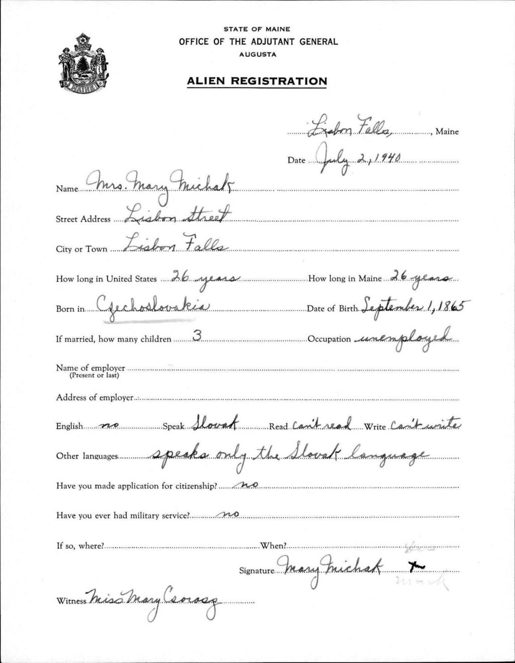 Miniature of Alien Registration- Michak, Mary (Lewiston, Androscoggin County)
