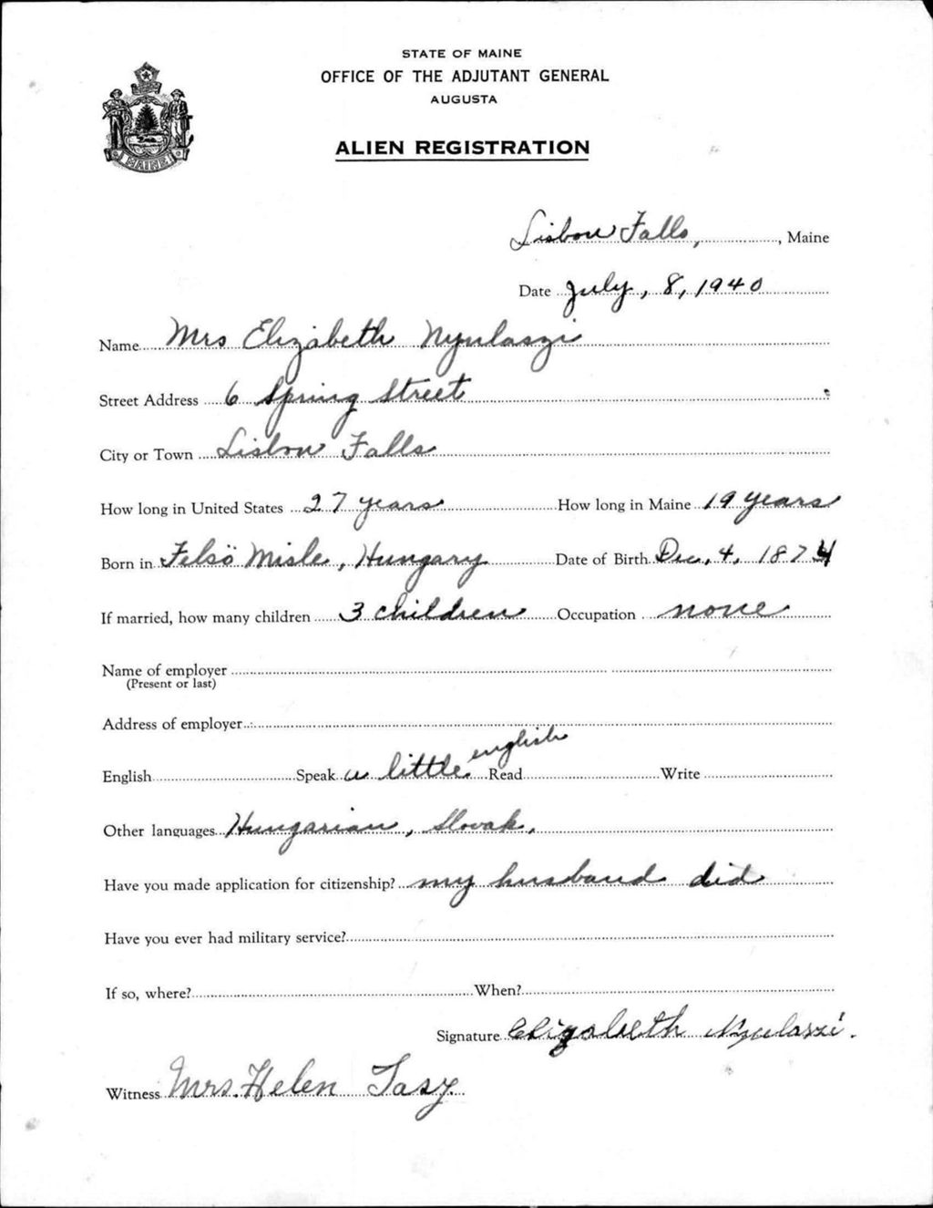 Miniature of Alien Registration- Nyulaszi, Elizabeth (Lewiston, Androscoggin County)