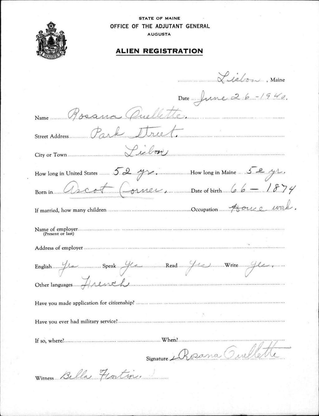 Miniature of Alien Registration- Ouellette, Rosana (Lewiston, Androscoggin County)