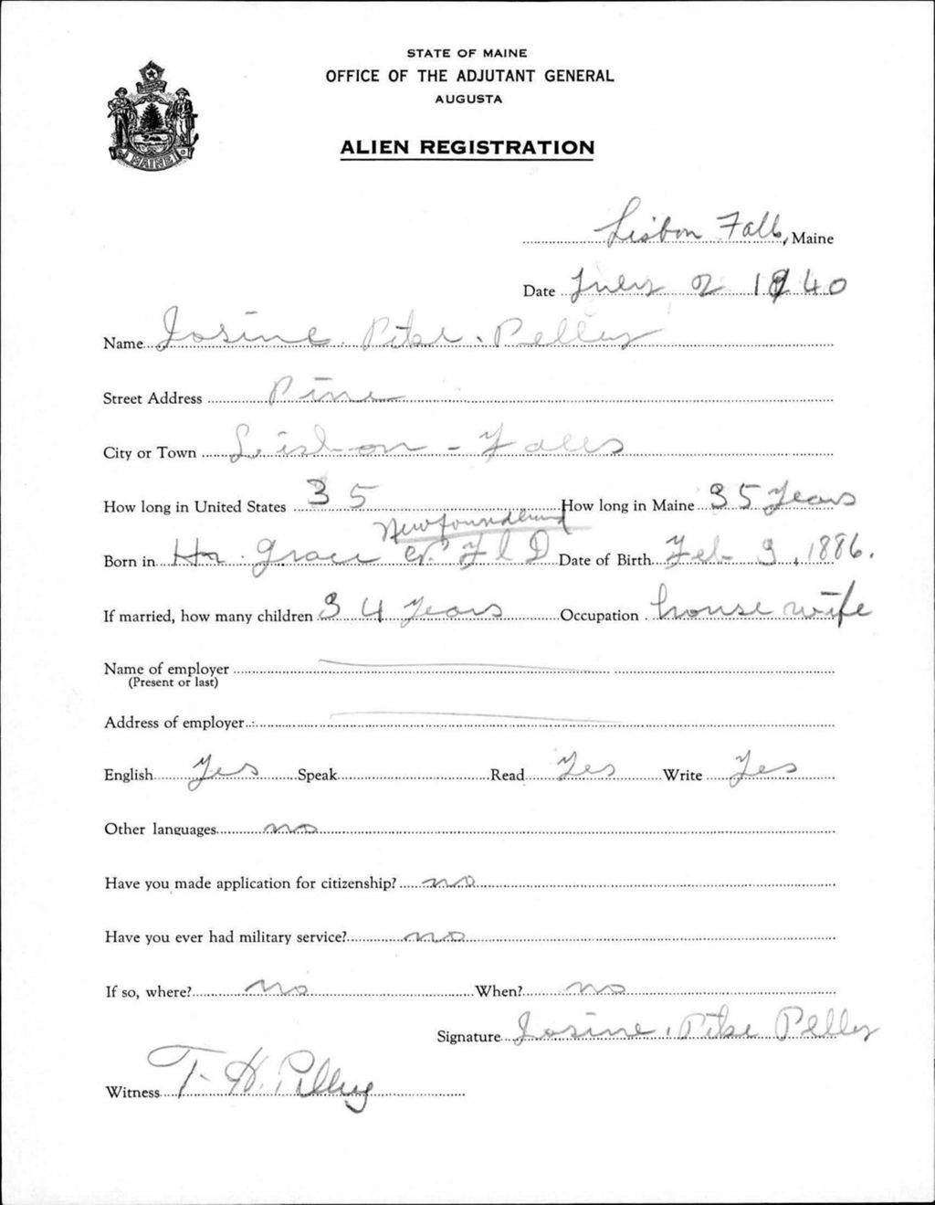 Miniature of Alien Registration- Pelley, Josine P. (Lewiston, Androscoggin County)