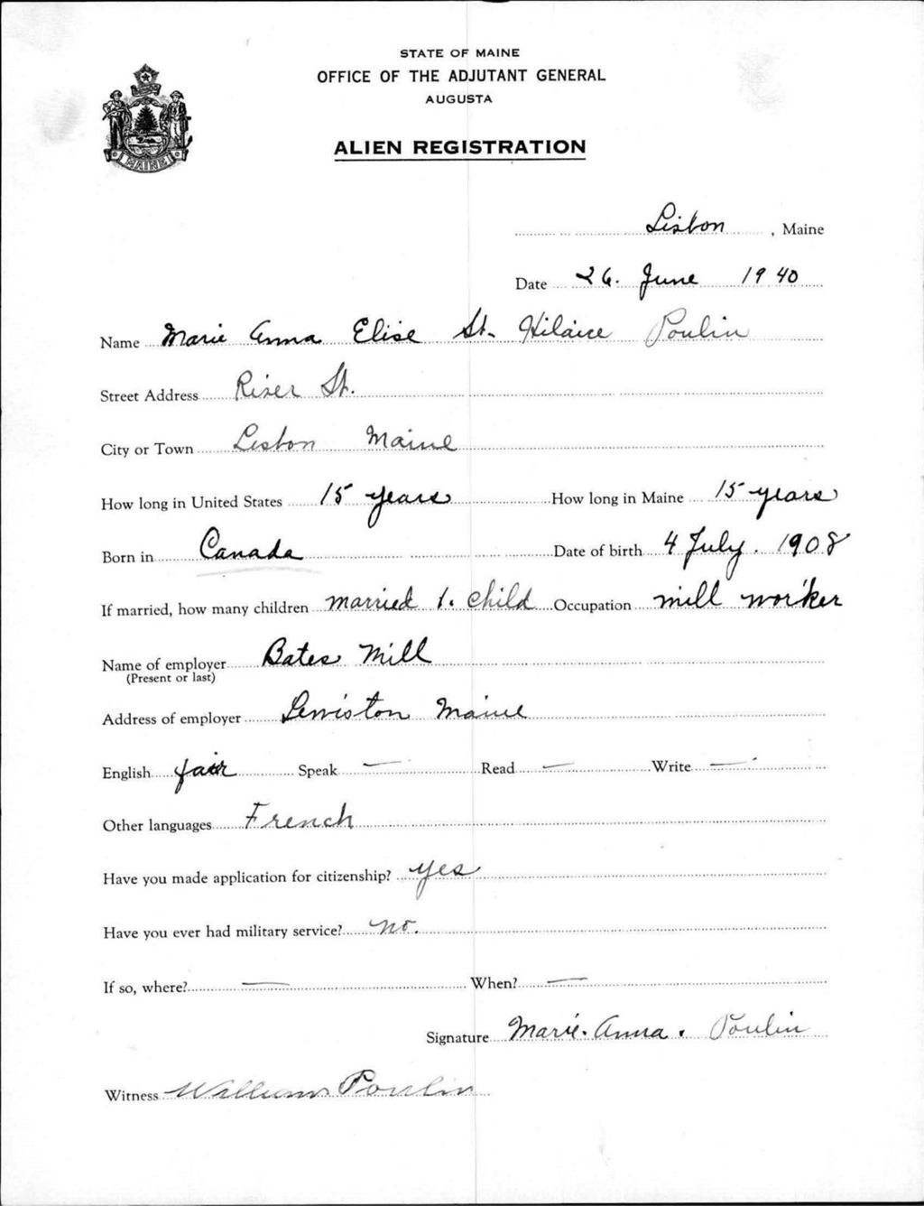 Miniature of Alien Registration- St Hilaire, Marie Anna E. (Lewiston, Androscoggin County)