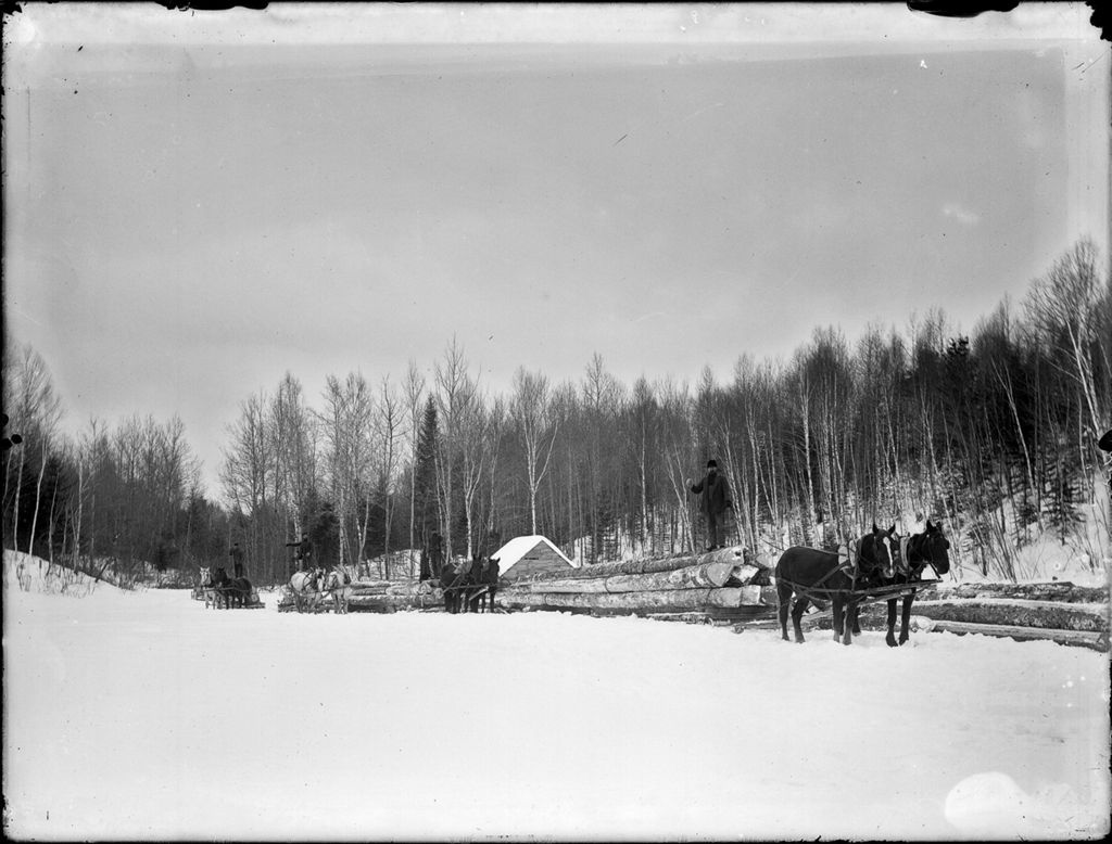 Miniature of Winter scene of men with draft horse teams pulling sleds loaded with long logs