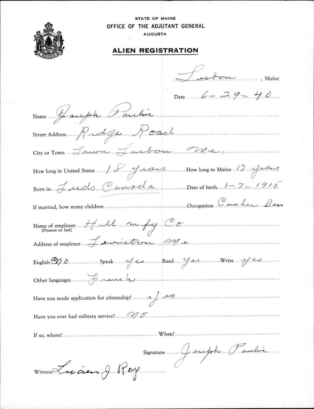 Miniature of Alien Registration- Poulin, Joseph (Lewiston, Androscoggin County)