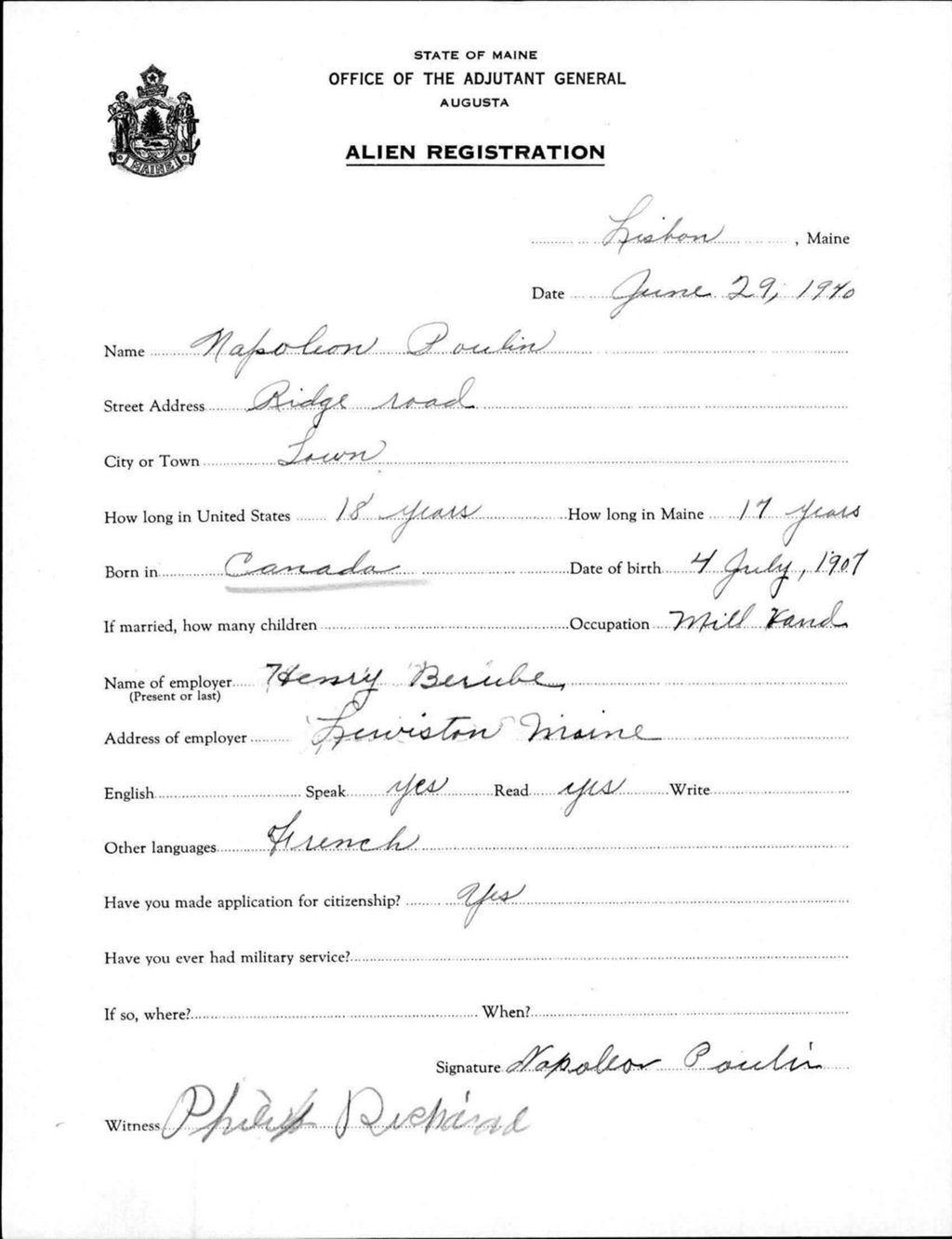 Miniature of Alien Registration- Poulin, Napoleon (Lewiston, Androscoggin County)