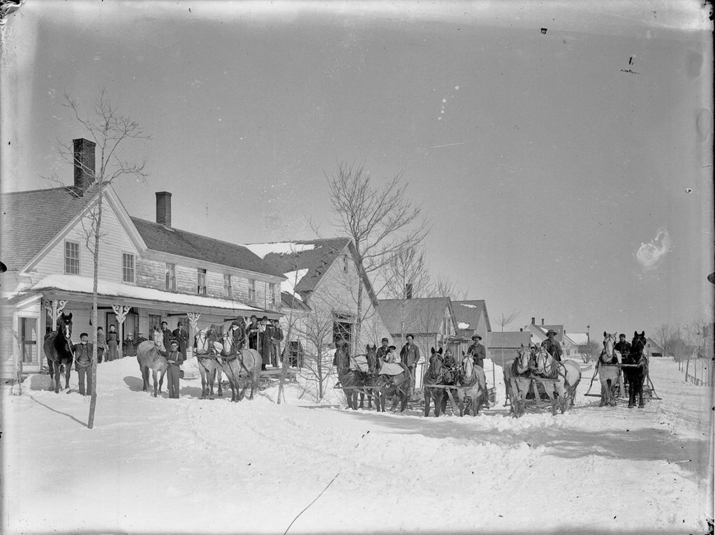 Miniature of Snow covered winter scene of several two horse draft teams and men outside a large rural house and barn