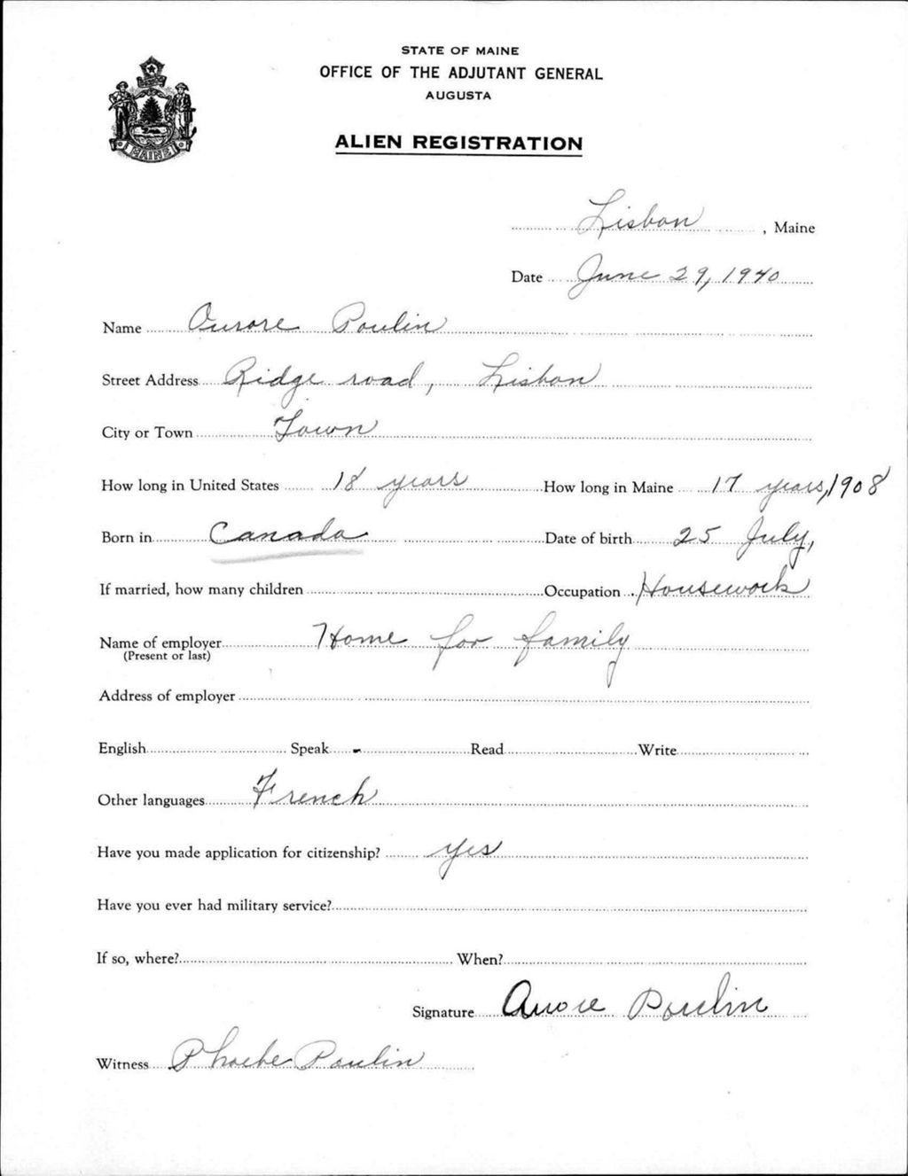 Miniature of Alien Registration- Poulin, Aurore (Lewiston, Androscoggin County)