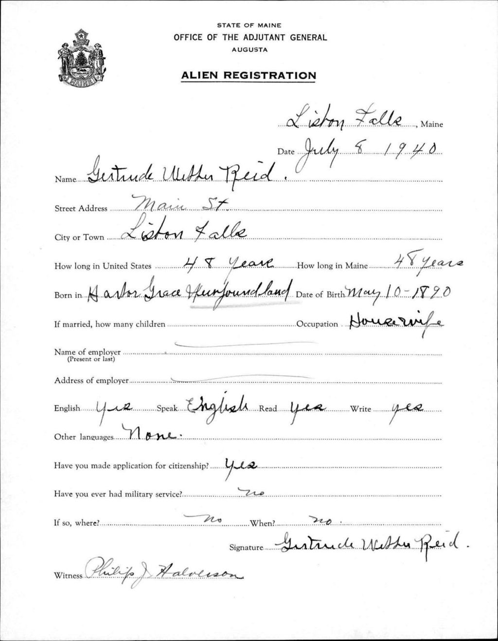 Miniature of Alien Registration- Webber, Gertrude (Lewiston, Androscoggin County)