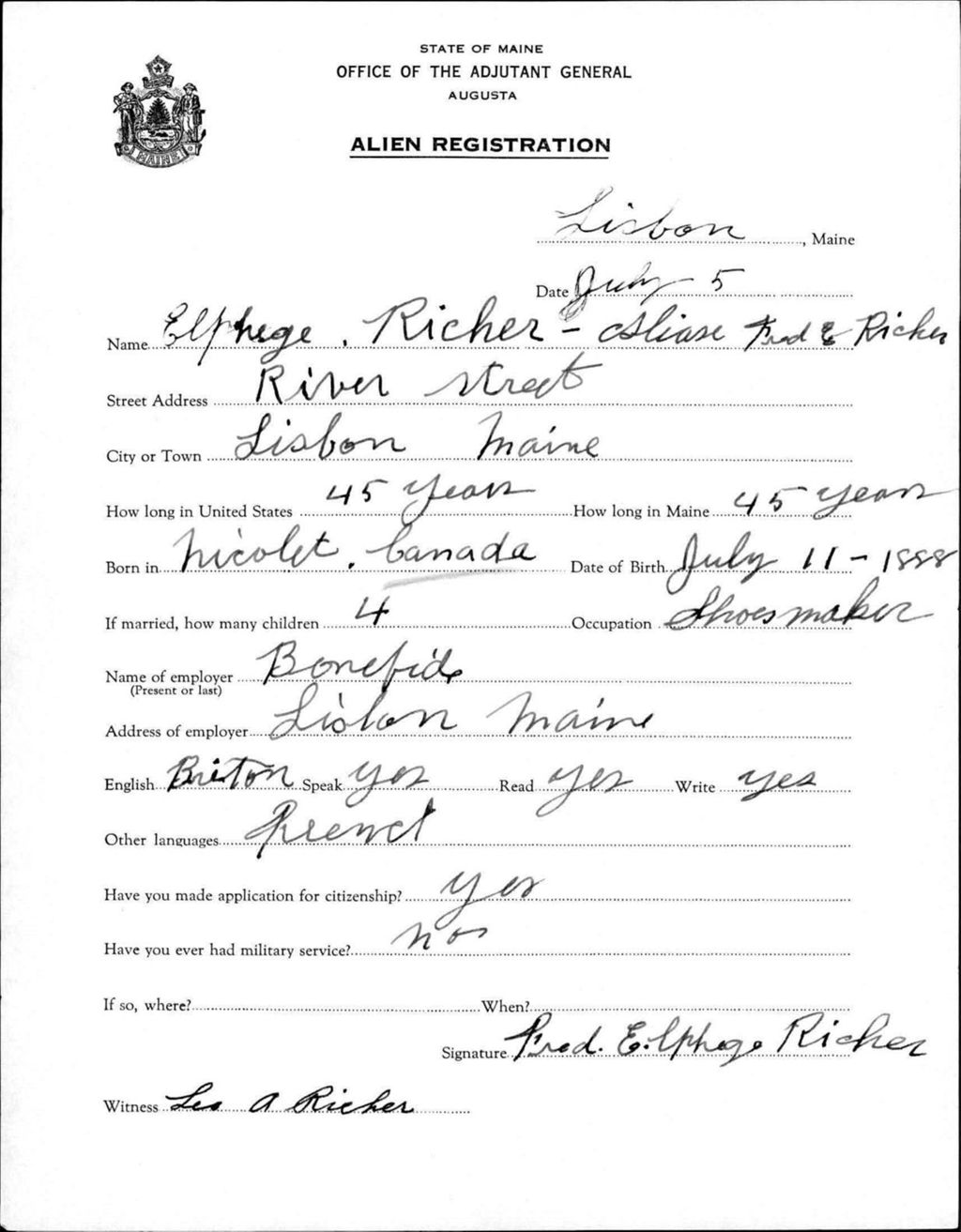Miniature of Alien Registration- Richer, Elphege E. (Lewiston, Androscoggin County)