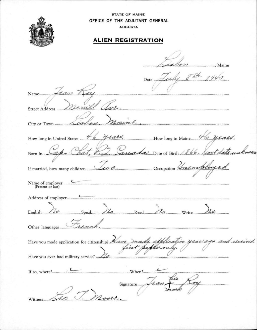 Miniature of Alien Registration- Roy, Jean (Lewiston, Androscoggin County)
