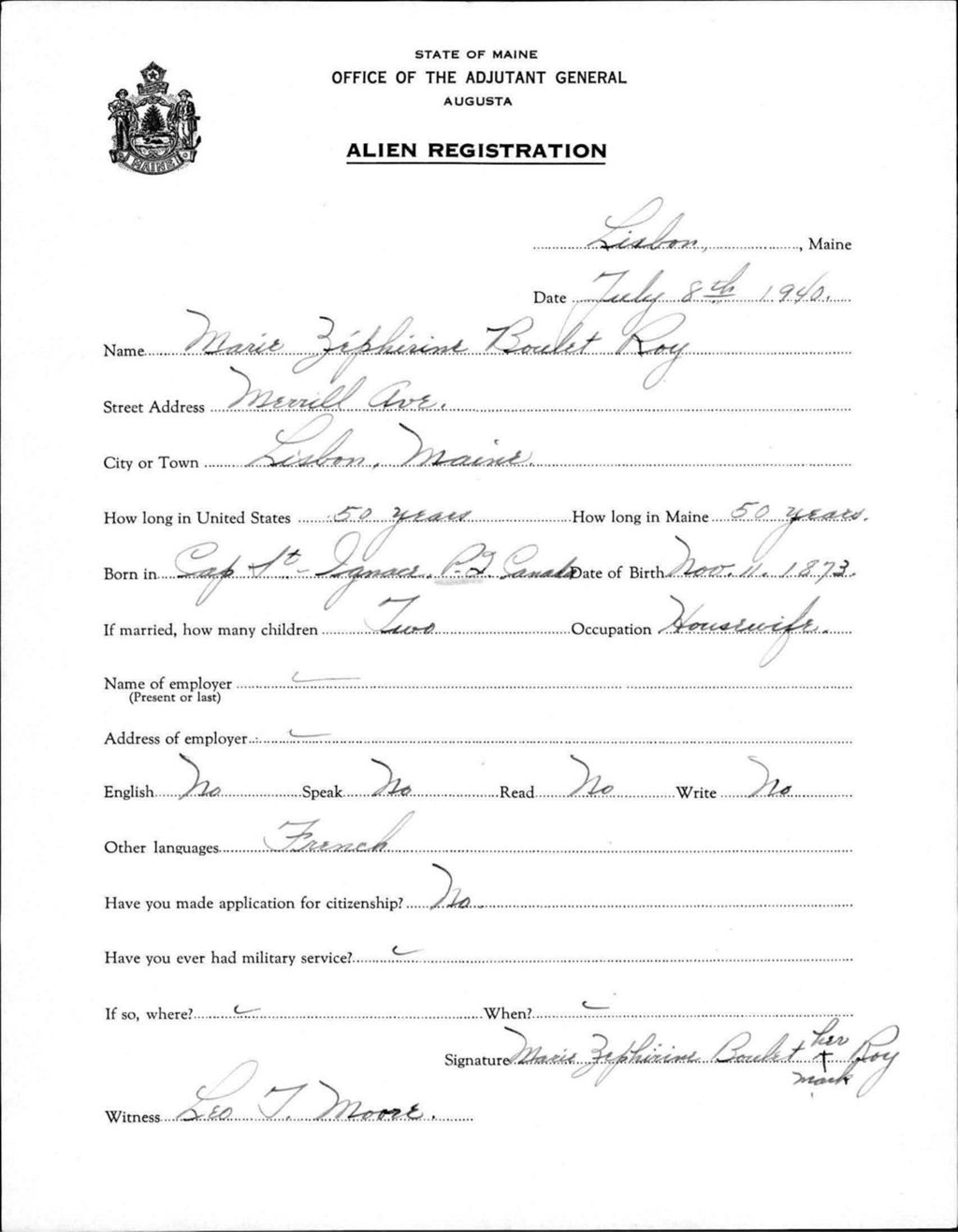 Miniature of Alien Registration- Boulet, Marie Z. (Lewiston, Androscoggin County)