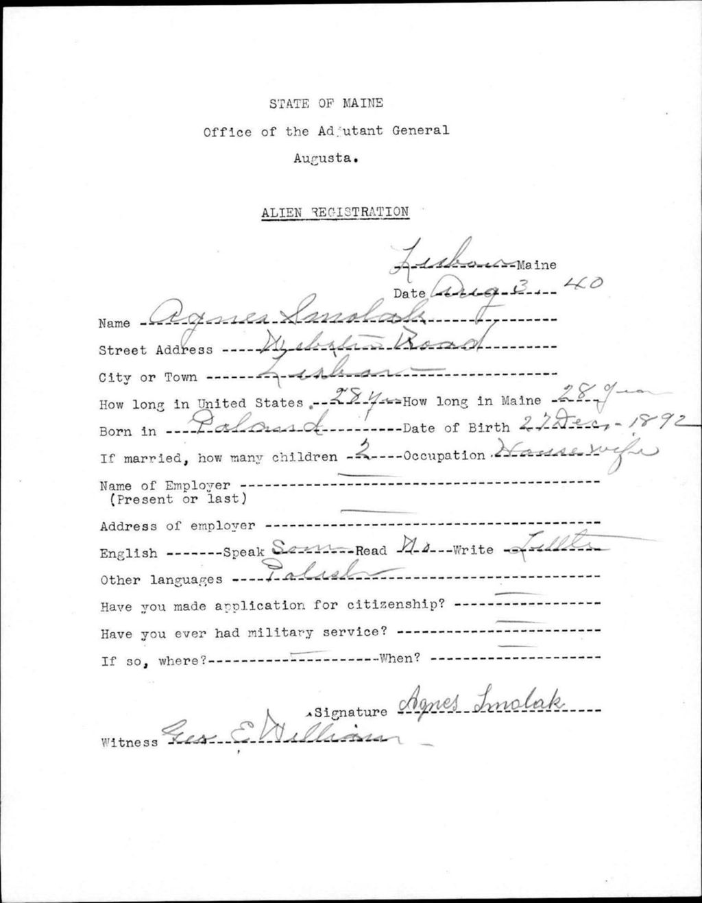 Miniature of Alien Registration- Smolak, Agnes (Lewiston, Androscoggin County)
