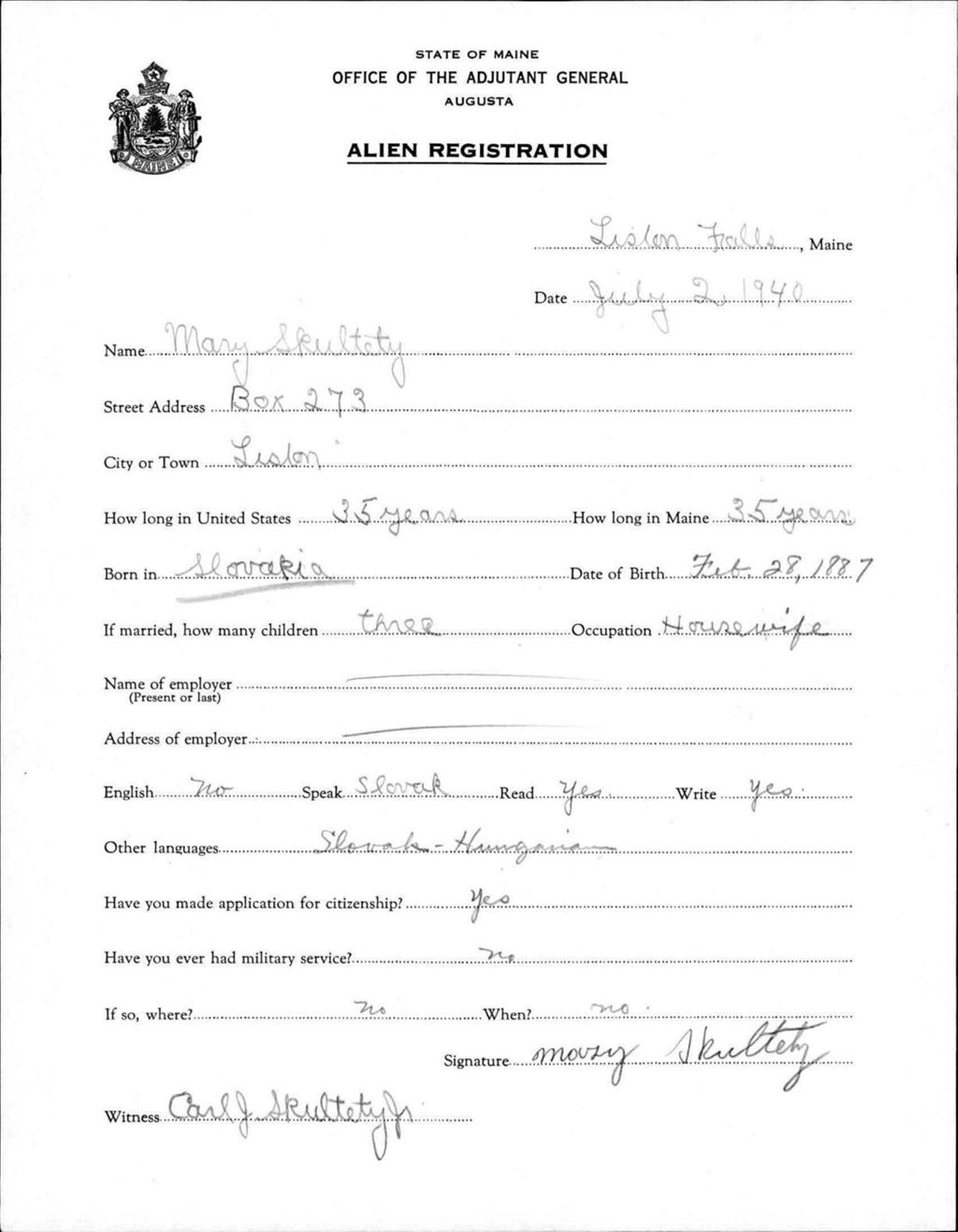 Miniature of Alien Registration- Skultety, Mary (Lewiston, Androscoggin County)