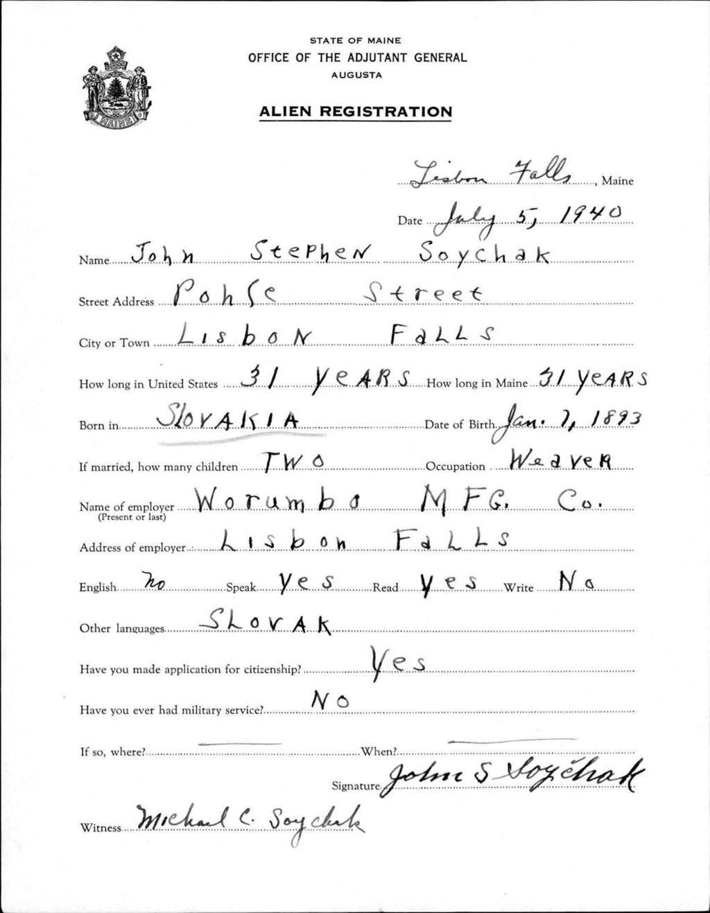 Miniature of Alien Registration- Soychak, John S. (Lewiston, Androscoggin County)
