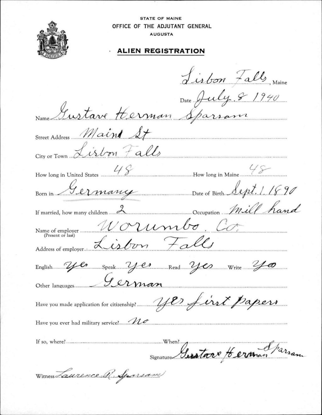 Miniature of Alien Registration- Sparsam, Gustave H. (Lewiston, Androscoggin County)