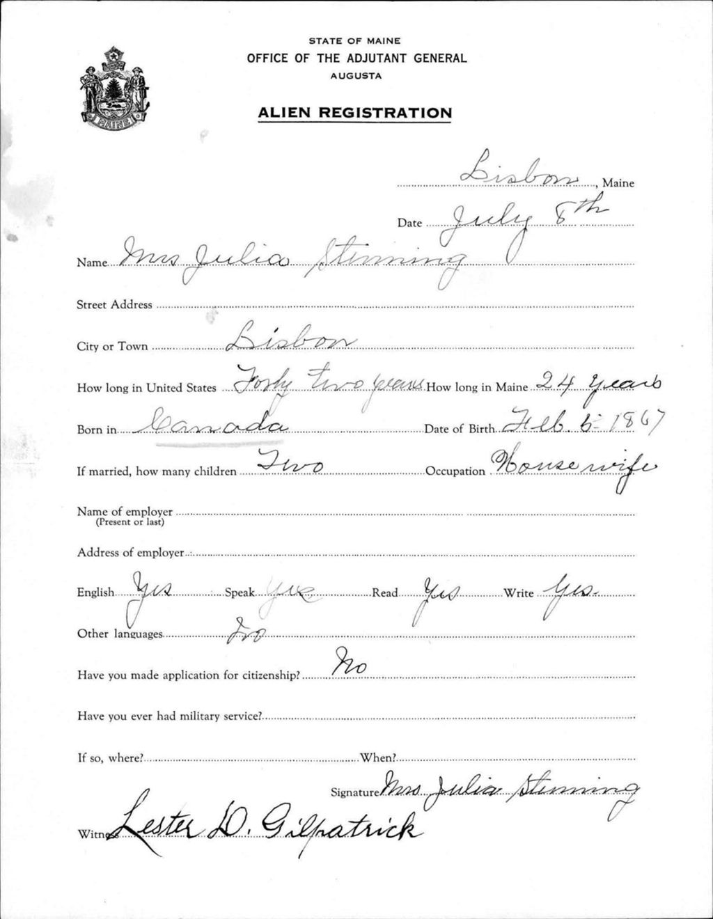 Miniature of Alien Registration- Stinning, Julia (Lewiston, Androscoggin County)