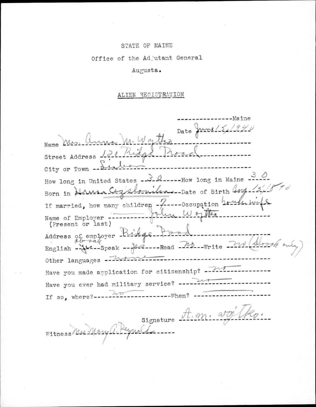 Miniature of Alien Registration- Wytko, Anna M. (Lewiston, Androscoggin County)