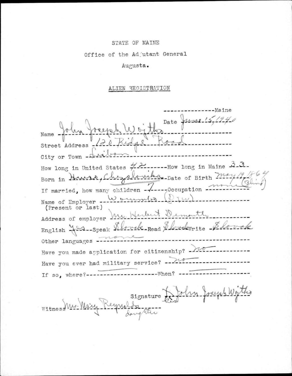 Miniature of Alien Registration- Wojtko, John J. (Lewiston, Androscoggin County)