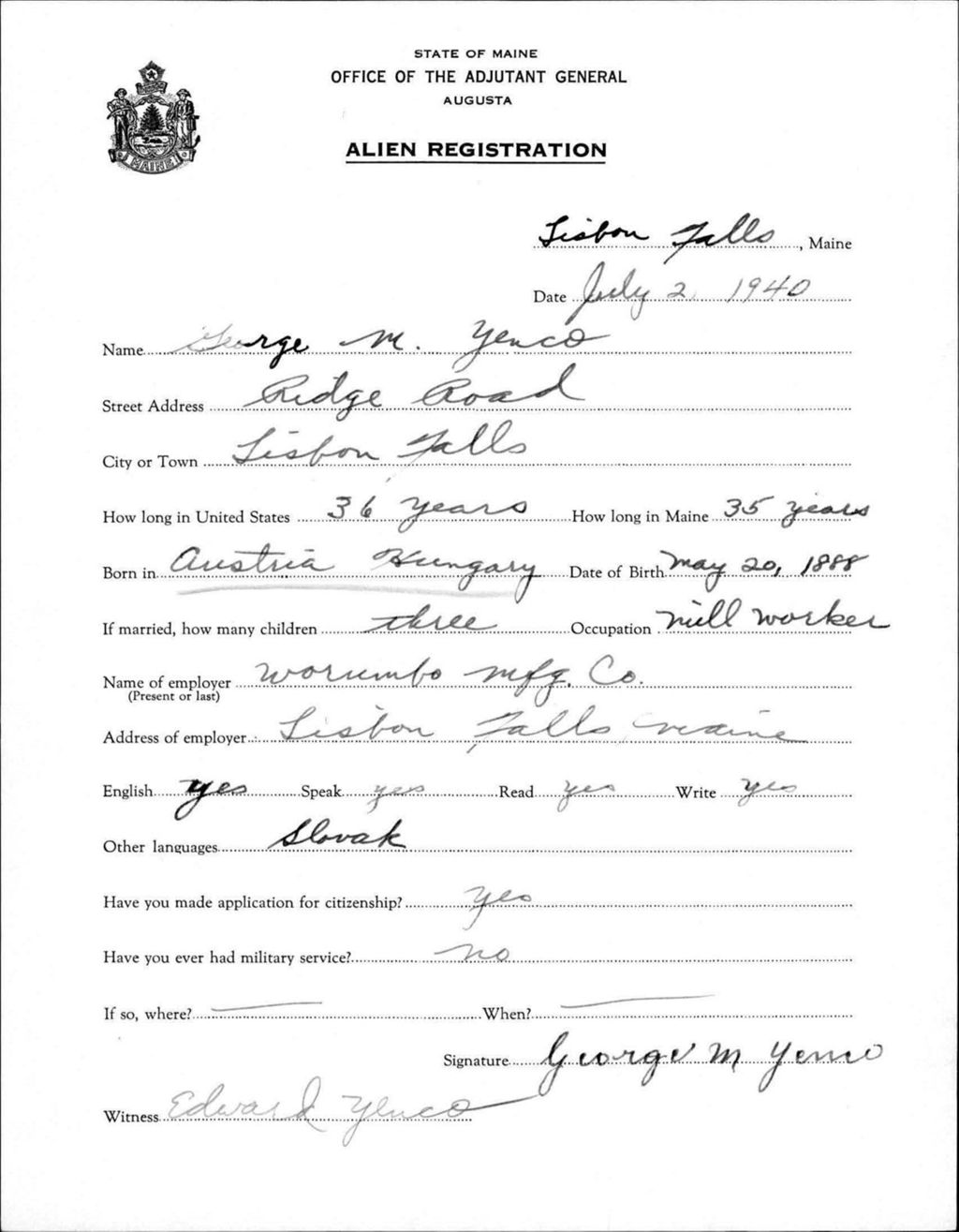 Miniature of Alien Registration- Yenco, George M. (Lewiston, Androscoggin County)
