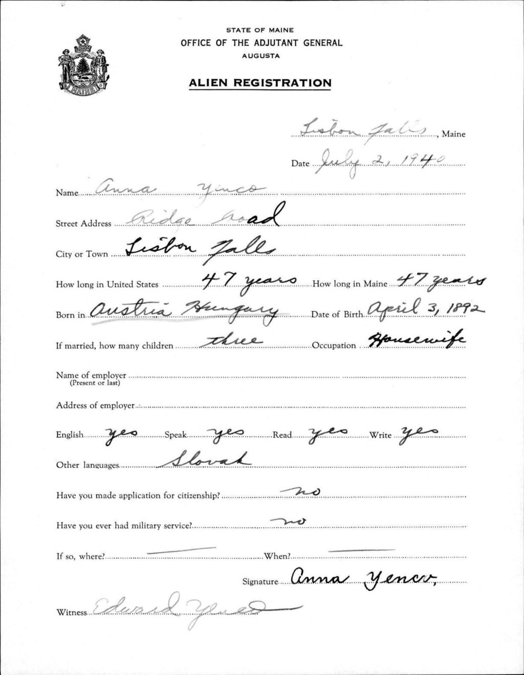 Miniature of Alien Registration- Yenco, Anna (Lewiston, Androscoggin County)
