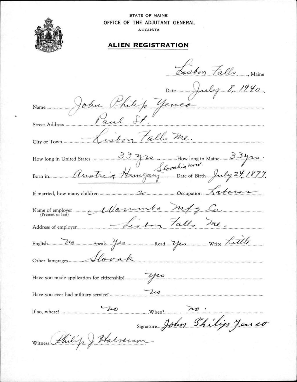 Miniature of Alien Registration- Yenco, John P. (Lewiston, Androscoggin County)