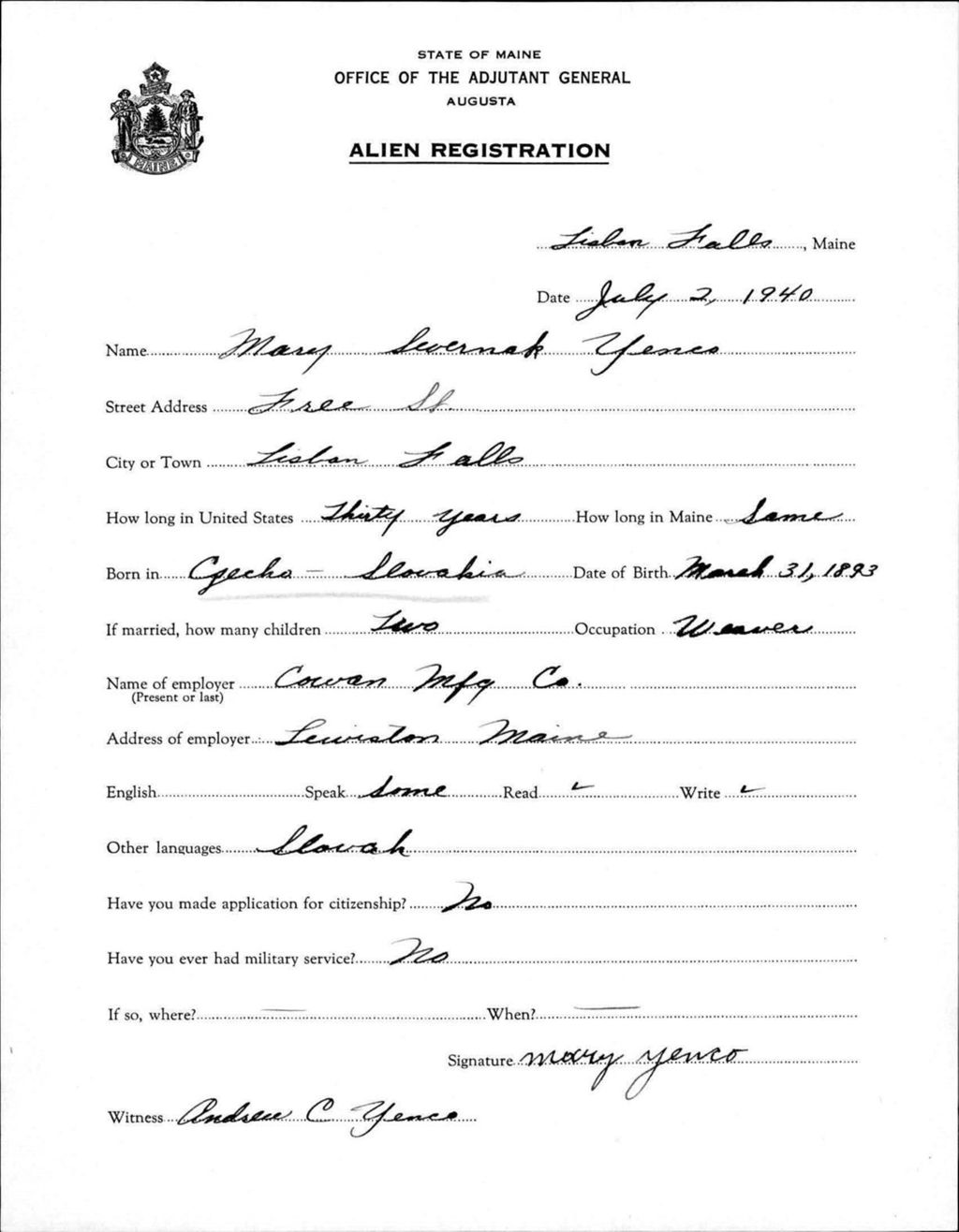 Miniature of Alien Registration- Severnak, Mary (Lewiston, Androscoggin County)