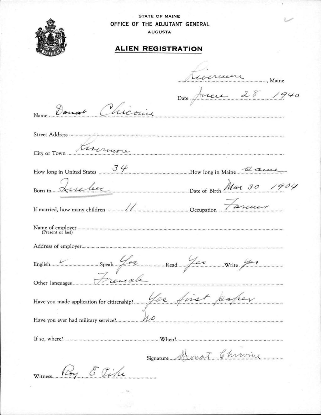 Miniature of Alien Registration- Chiconie, Donat (Livermore, Androscoggin County)