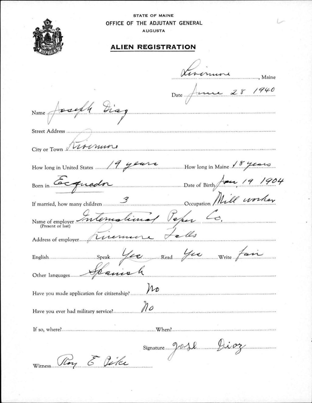 Miniature of Alien Registration- Diaz, Joseph (Livermore, Androscoggin County)