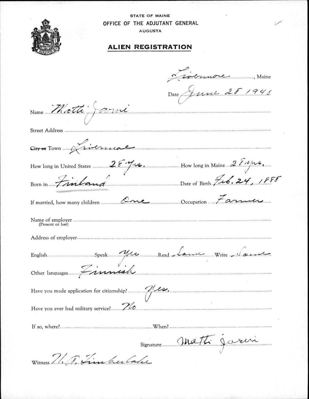 Miniature of Alien Registration- Jarvi, Matti (Livermore, Androscoggin County)