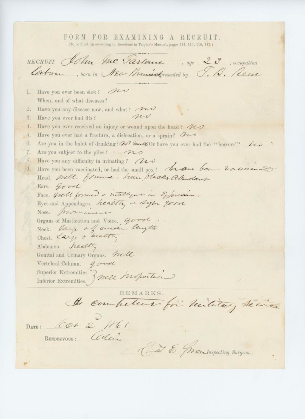 Miniature of John McFarlane Medical Examination