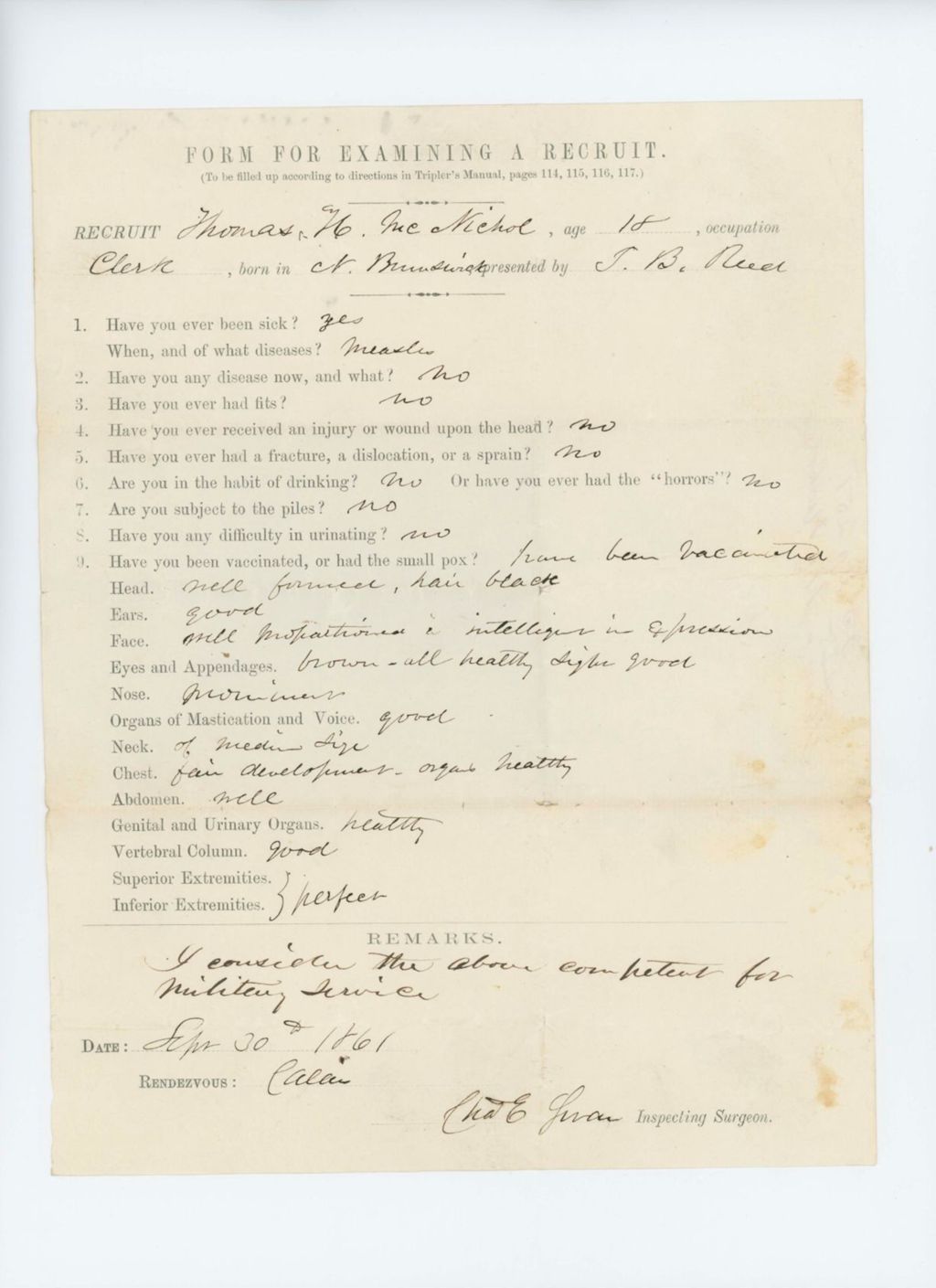 Miniature of Thomas H. McNichol Medical Examination