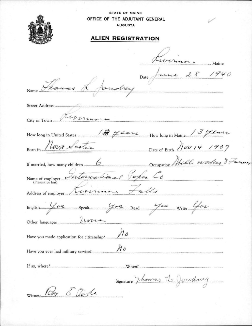 Miniature of Alien Registration- Joudrey, Thomas L. (Livermore, Androscoggin County)