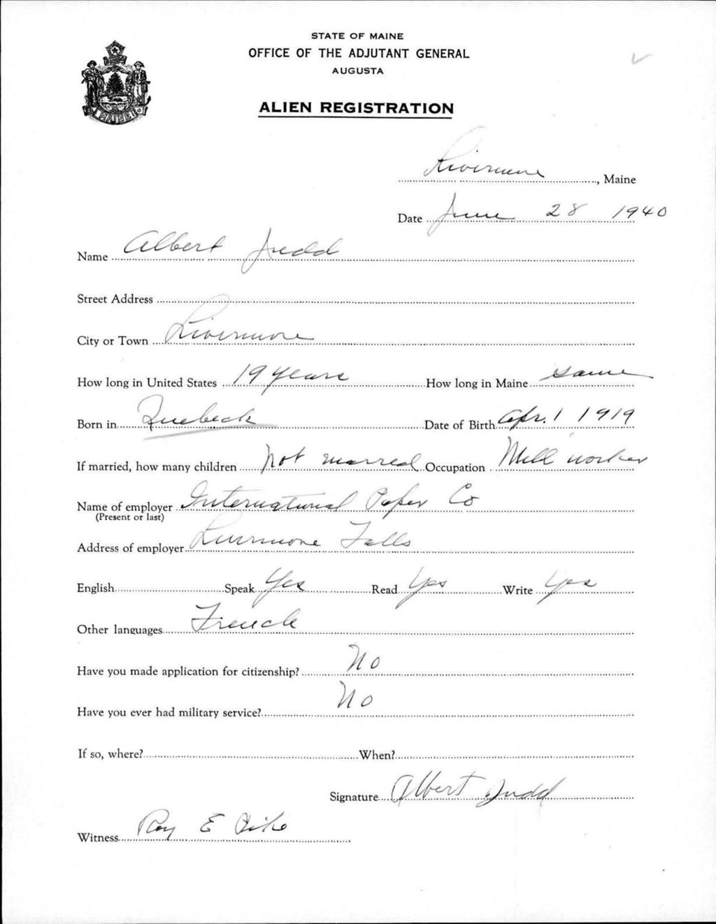 Miniature of Alien Registration- Judd, Albert (Livermore, Androscoggin County)
