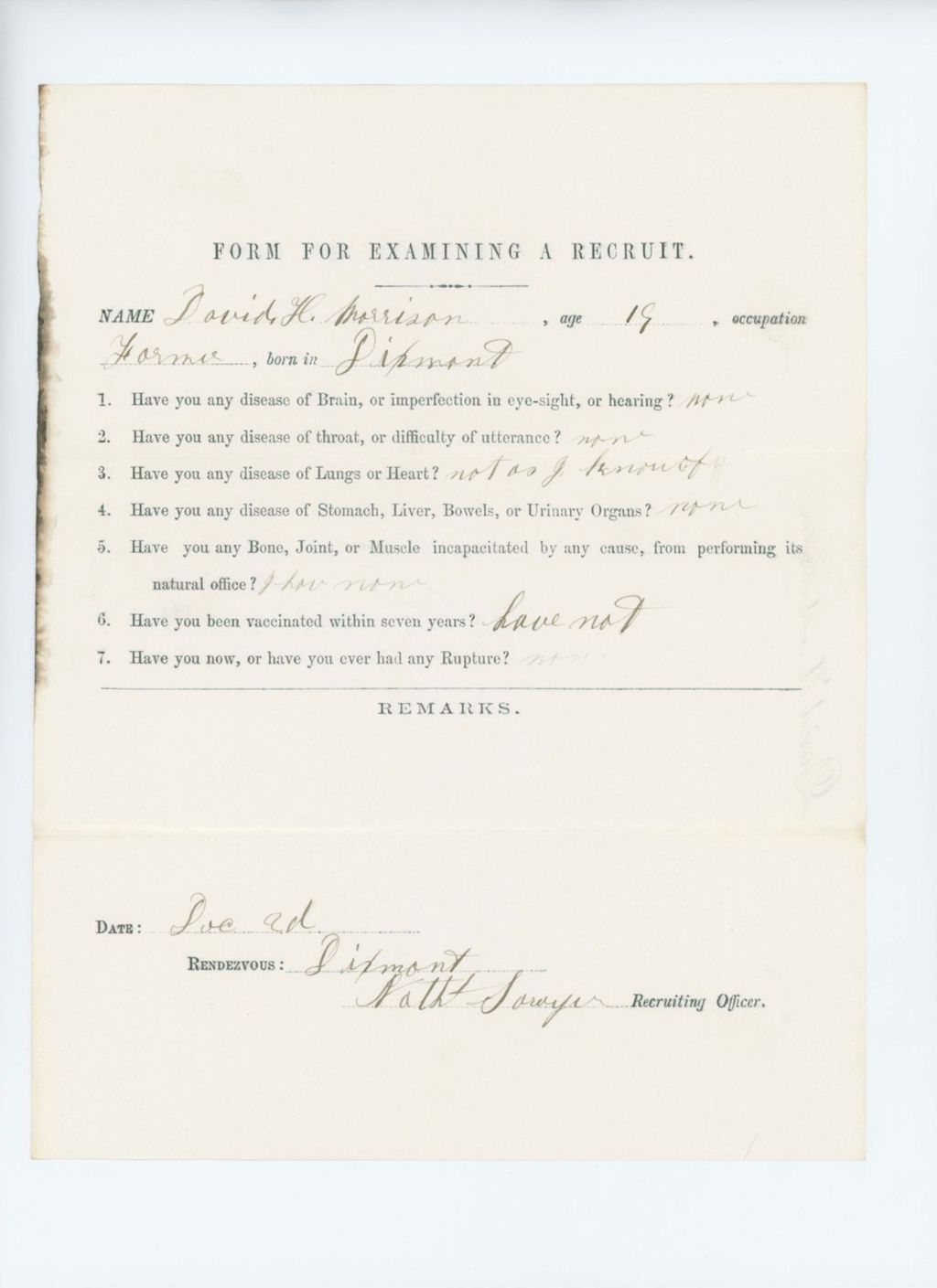 Miniature of David H. Morrison Medical Examination