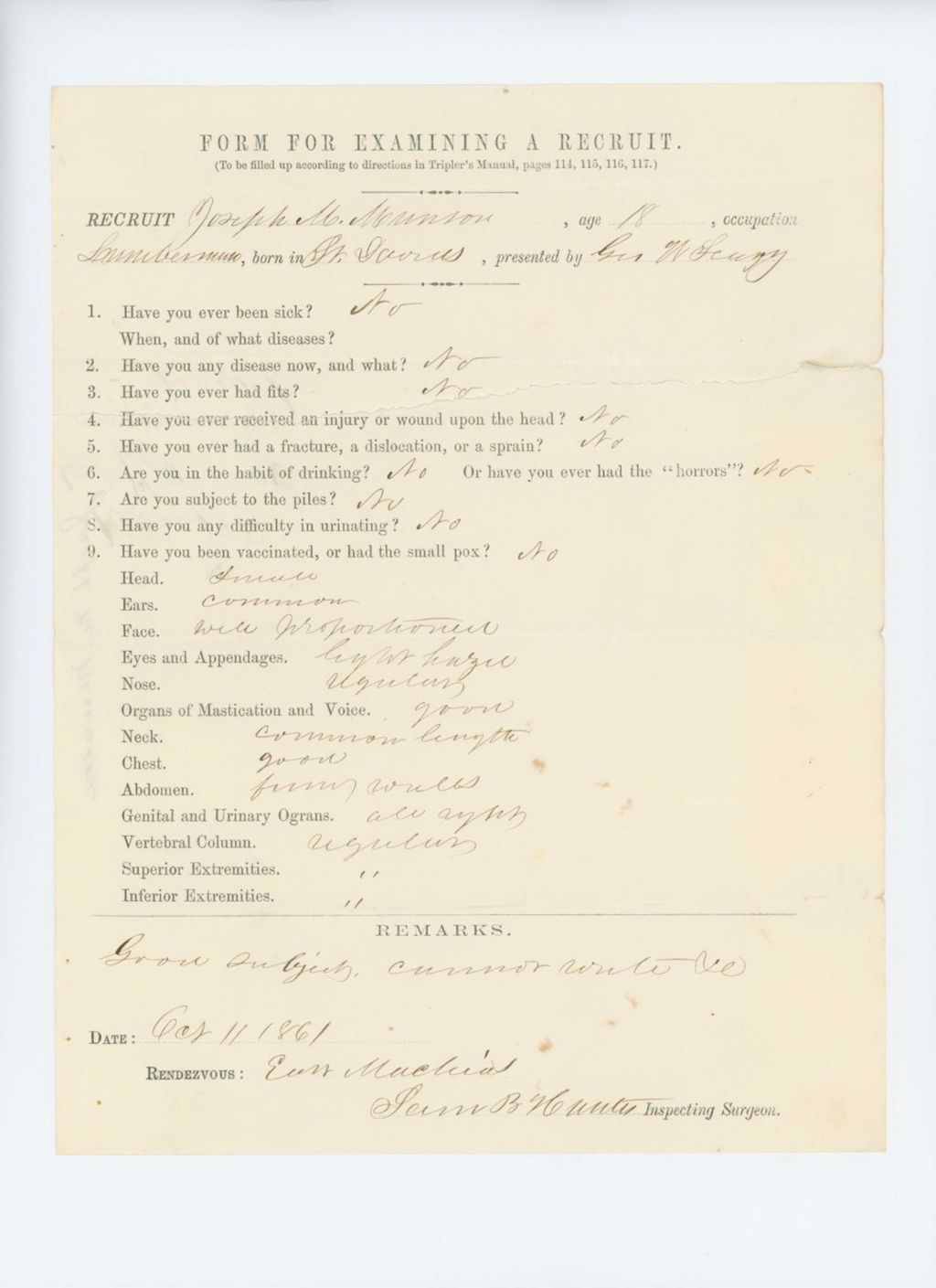 Miniature of Joseph M. Munson Medical Examination