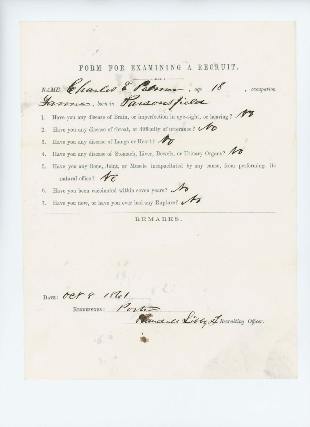 Miniature of Charles E. Palmer Medical Examination