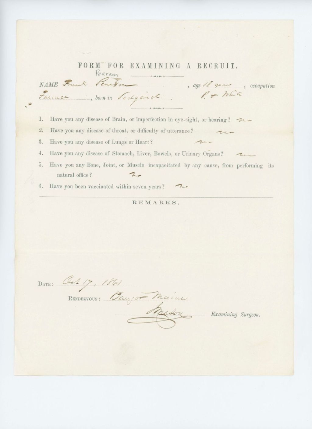 Miniature of Frank Pearson Medical Examination