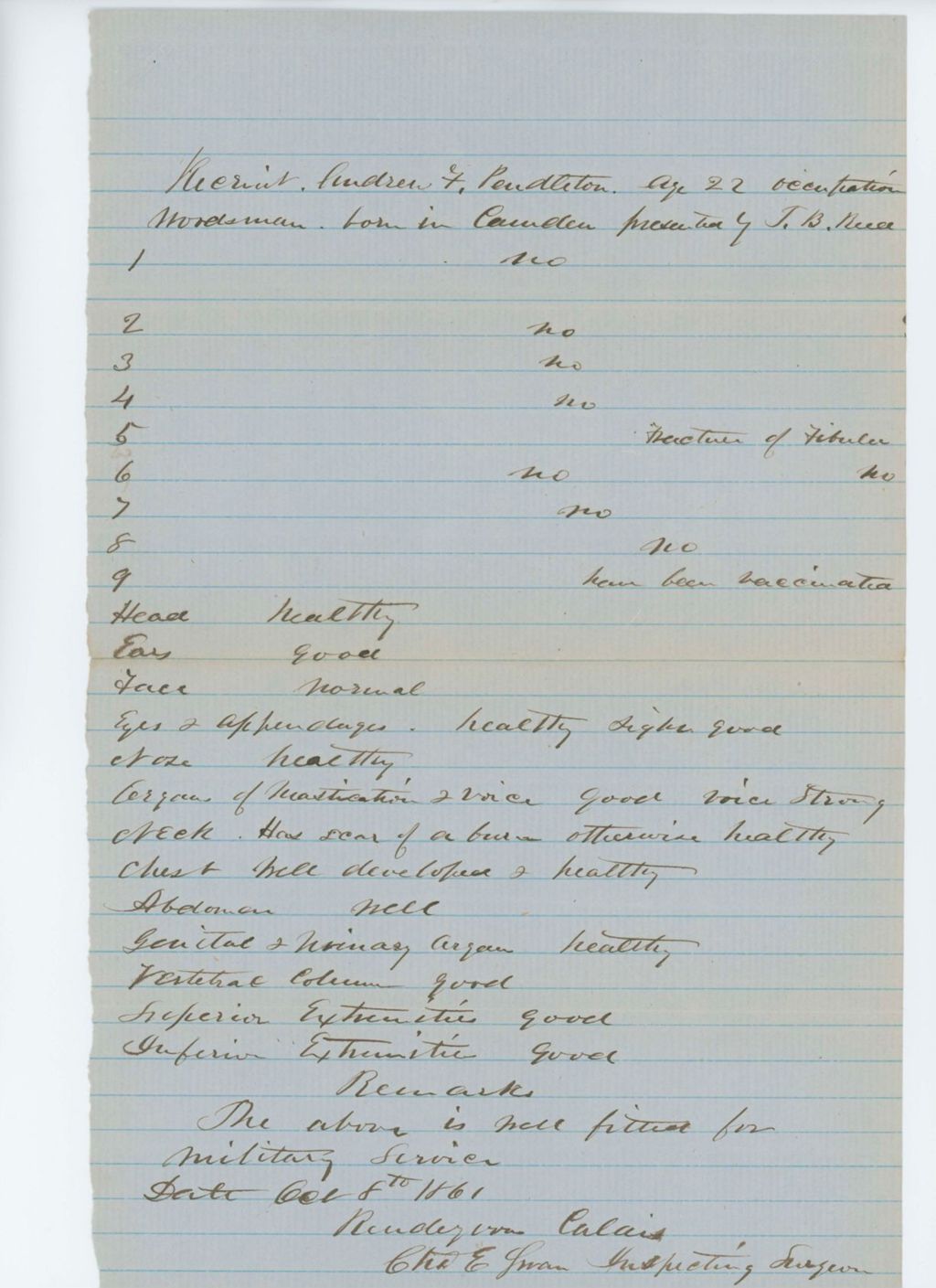 Miniature of Andrew F. Pendleton Medical Examination