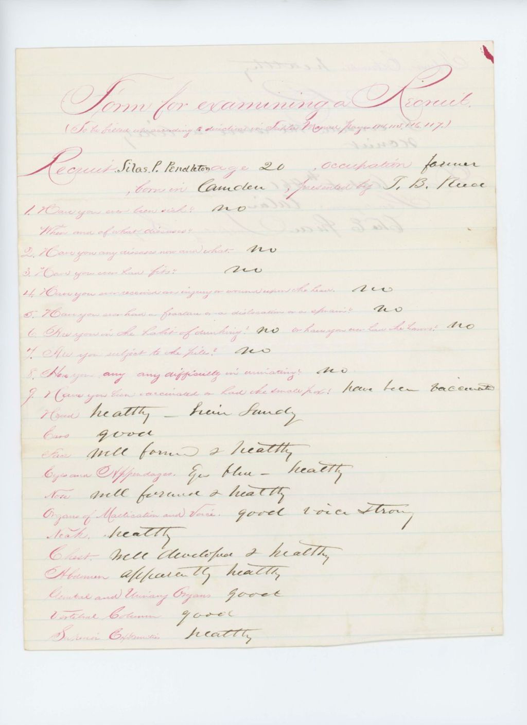 Miniature of Silas P. Pendleton Medical Examination